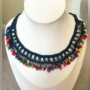 Colorful Gemstone, Handmade Crochet Necklace, Beaded Lace Choker, Bohomeian